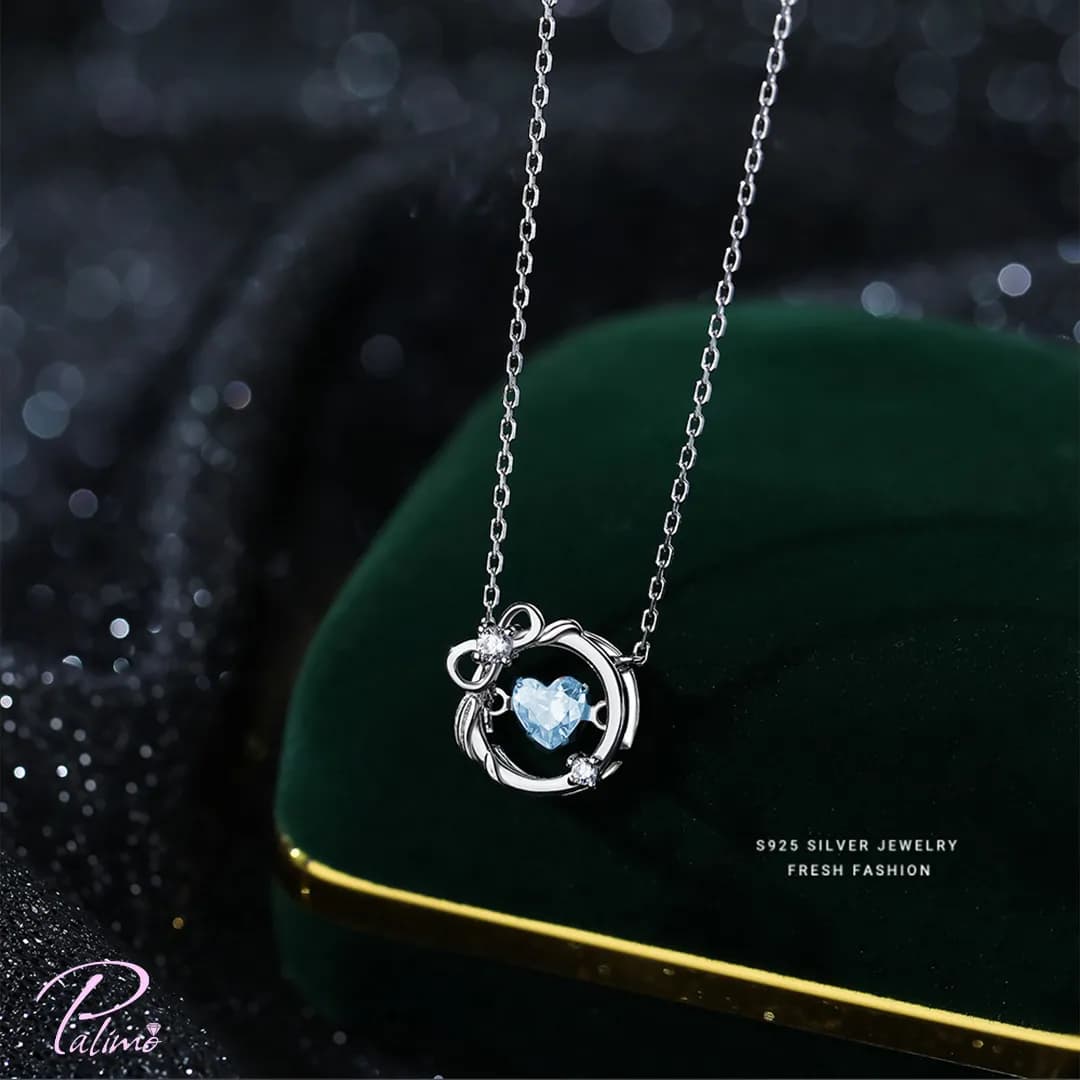 گردنبند نقره قلب آبی پاپیون درخشان N2183 با روکش طلای سفید — تصویر ۳
