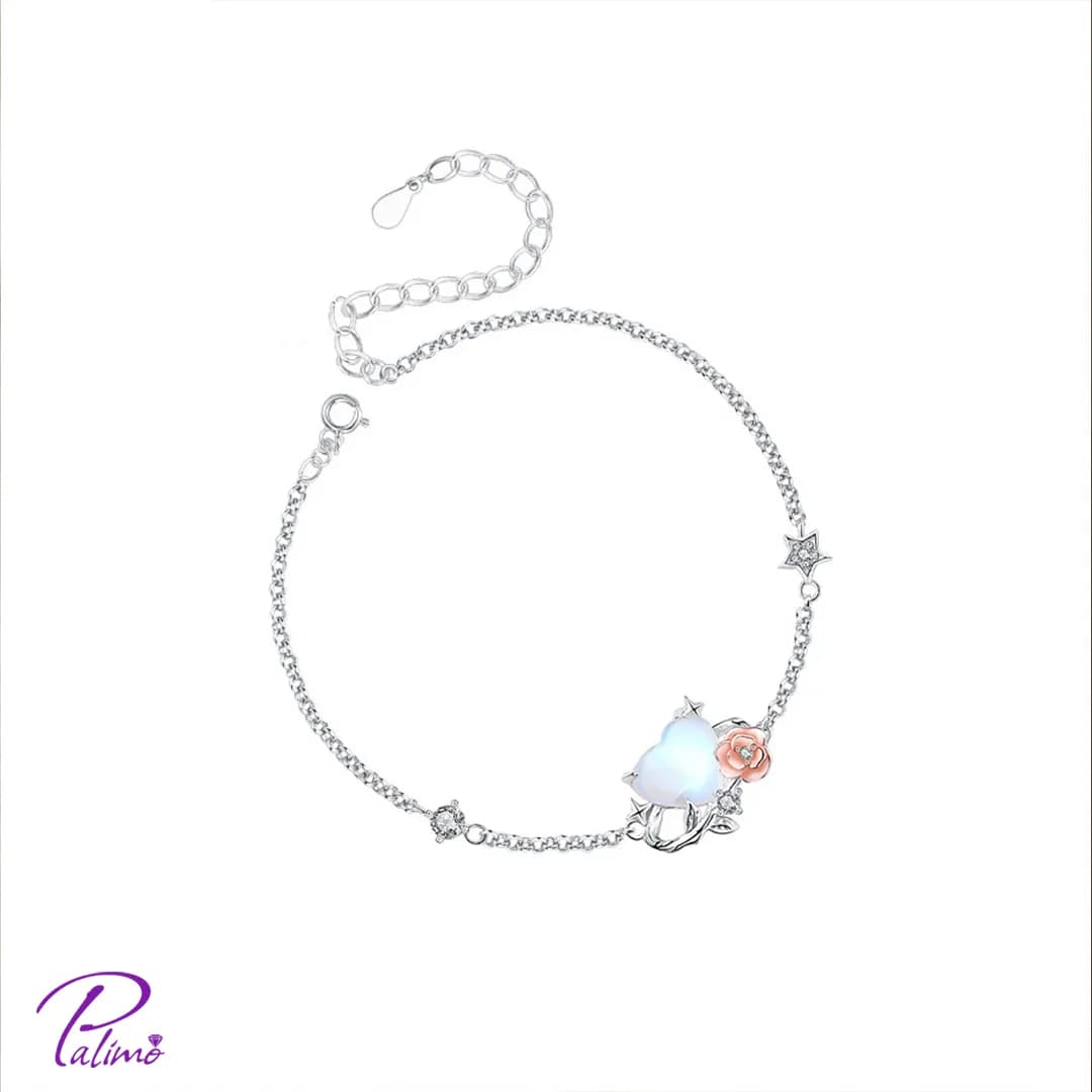 دستبند نقره قلب و گل B2162 با روکش طلای سفید