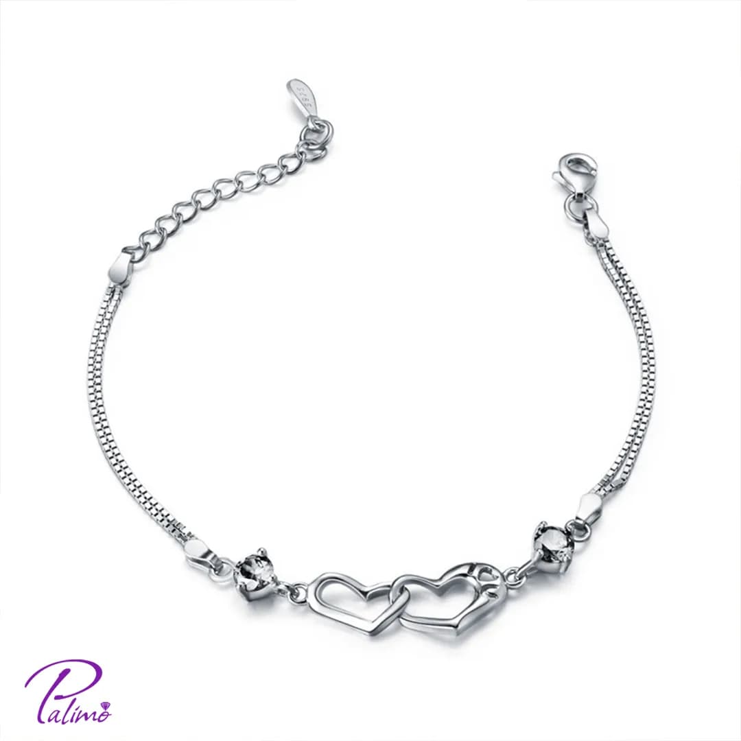 دستبند نقره دو قلب در هم B2160 با روکش طلای سفید