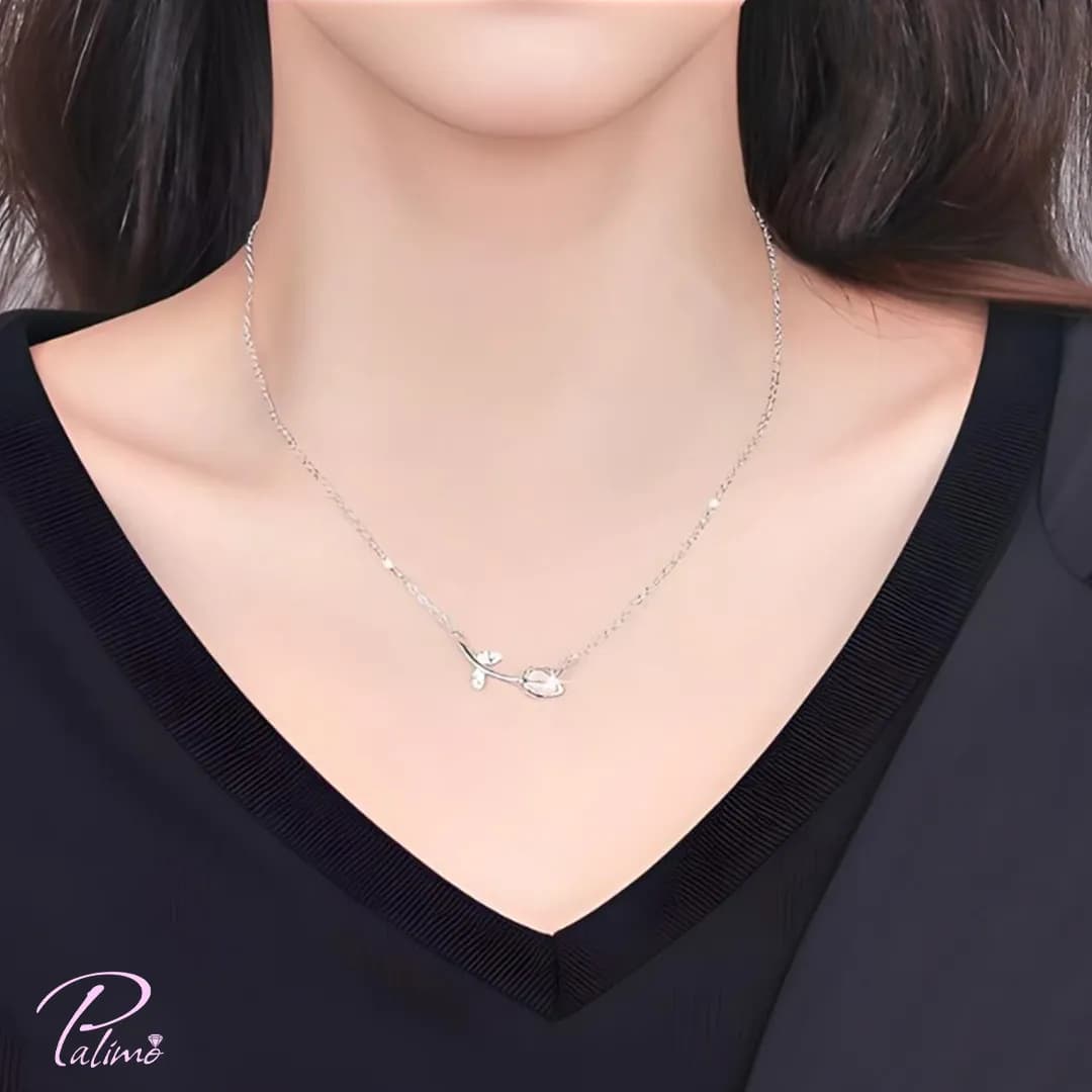 گردنبند نقره گل رز سفید N2155 با روکش طلای سفید — تصویر ۲