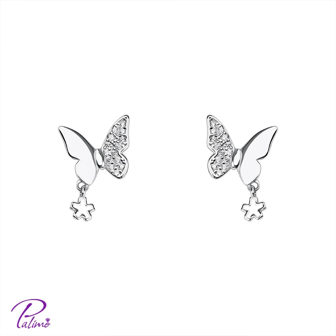 گوشواره نقره پروانه E2114 با روکش طلای سفید