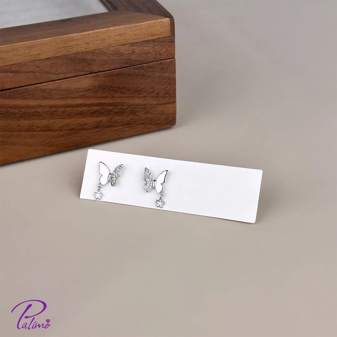 گوشواره نقره پروانه E2114 با روکش طلای سفید — تصویر ۳
