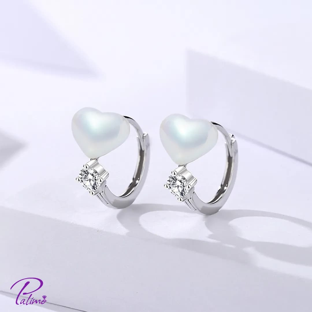 گوشواره نقره قلب مروارید E2112 با روکش طلای سفید — تصویر ۳