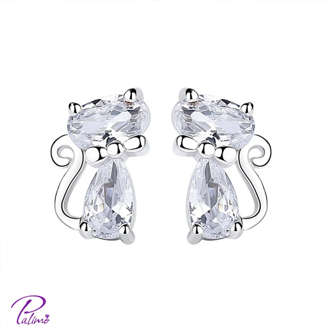 گوشواره نقره گربه E2110 با روکش طلای سفید