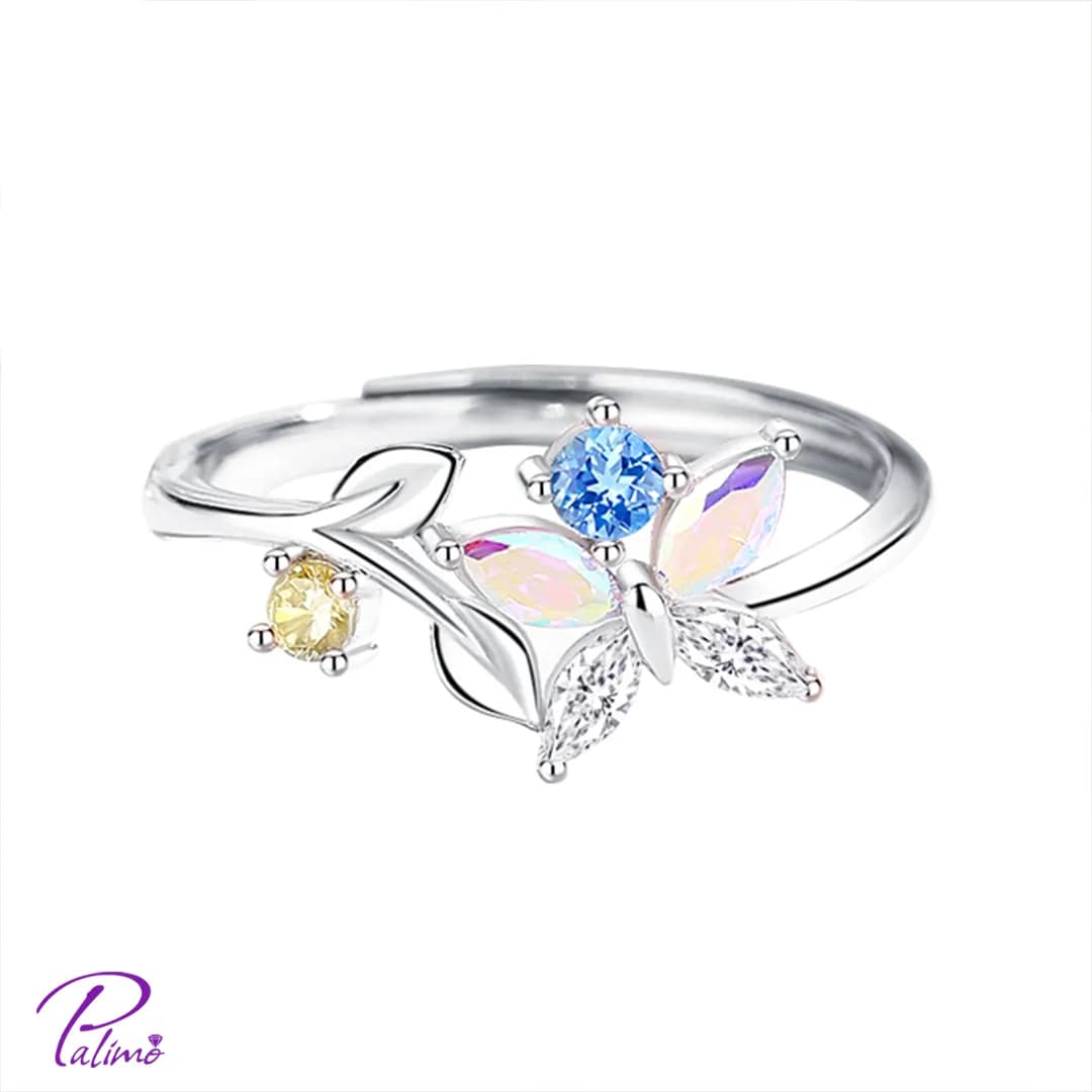 انگشتر نقره پروانه رنگی R2118 با روکش طلای سفید