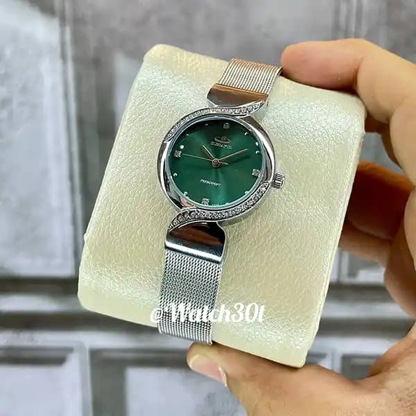 ساعت الگانس زنانه بند حصیری با صفحه سبز یشمی