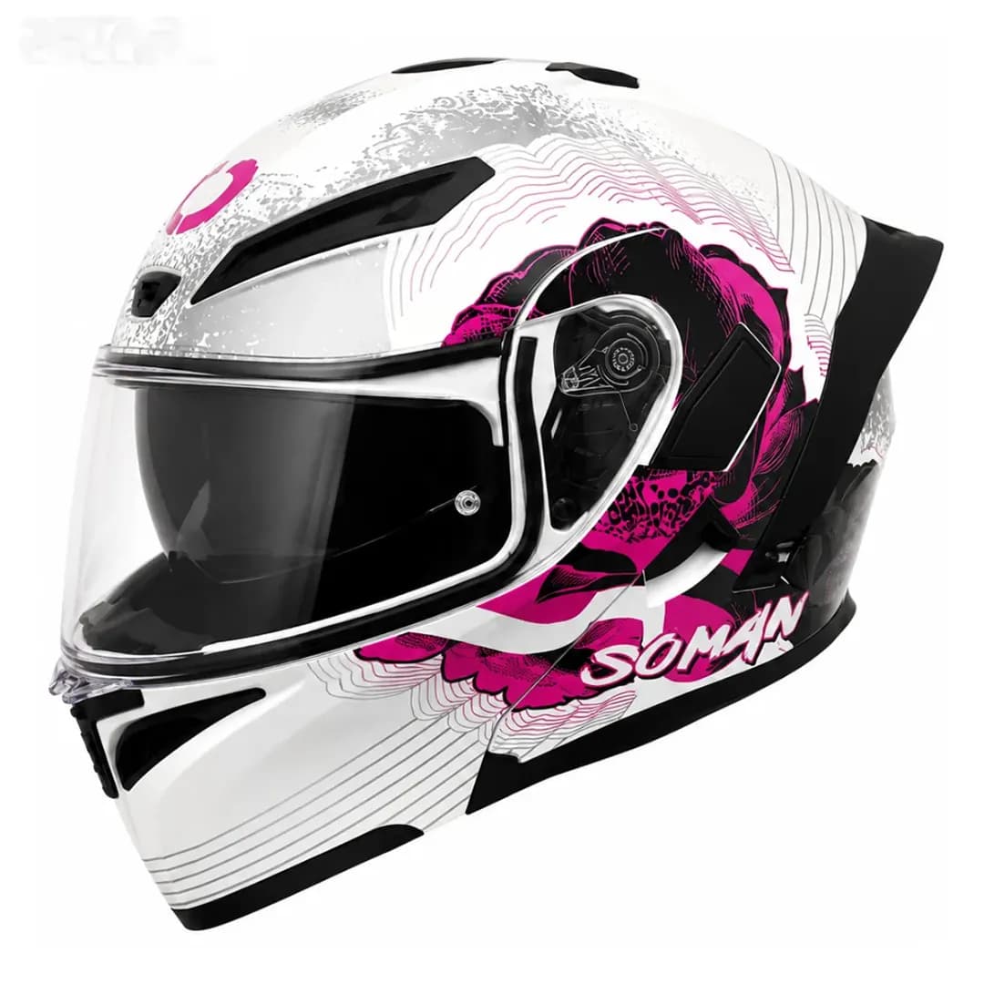 کلاه کاسکت فک متحرک دخترانه سومان مدل SM955-S PEONY WHITE PINK