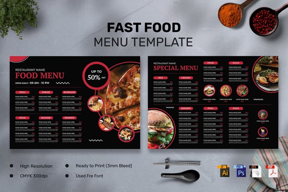 دانلود منوی غذای فست فود Fast Food Menu Landscape