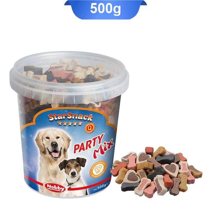 تشویقی سگ نوبی سطلی طعم گوشت بره،گوشت شکار،سیرابی،مرغ و گوشت گاو وزن 500 گرم Nobby Party Mix