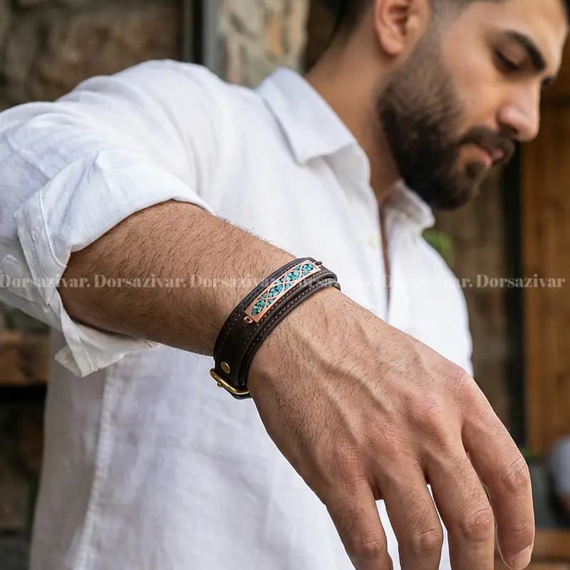 دستبند چرمی مس و فیروزه آرسته