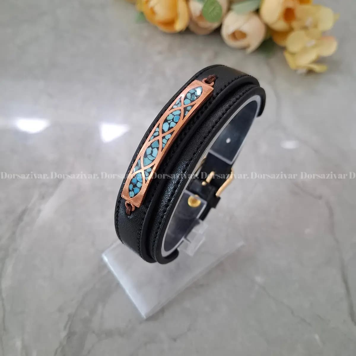 دستبند چرمی مس و فیروزه آرسته — تصویر ۲