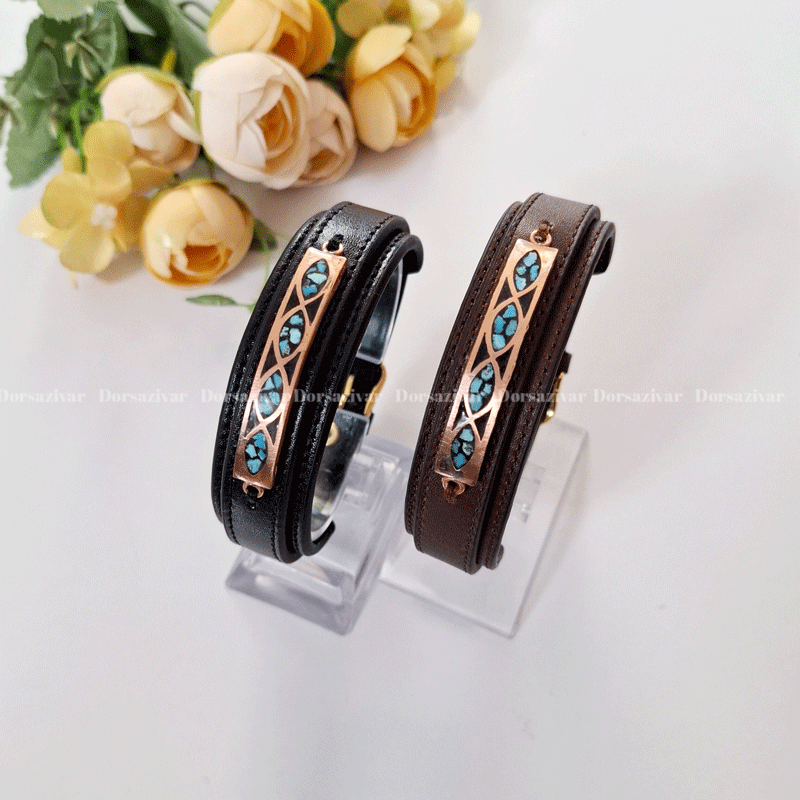 دستبند چرمی مس و فیروزه آرسته — تصویر ۴