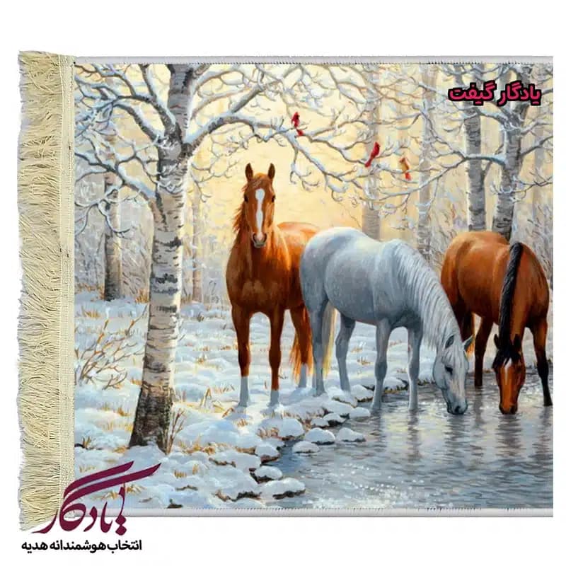 تابلو فرش ماشینی طرح حیوانات رودخانه برفی کد h38 — تصویر ۲