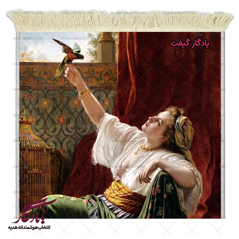 تابلو فرش ماشینی طرح فرانسوی زیبا و پرنده کد f176 — تصویر ۲