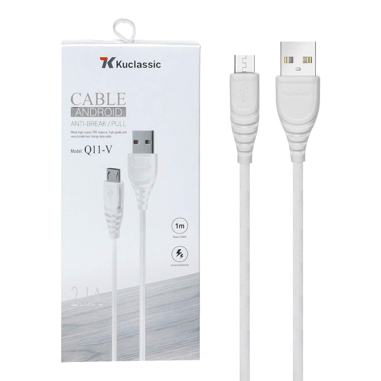 کابل شارژ اندروید KUCLASSIC مدل Q11-V – سفید (گارانتی 6 ماهه)