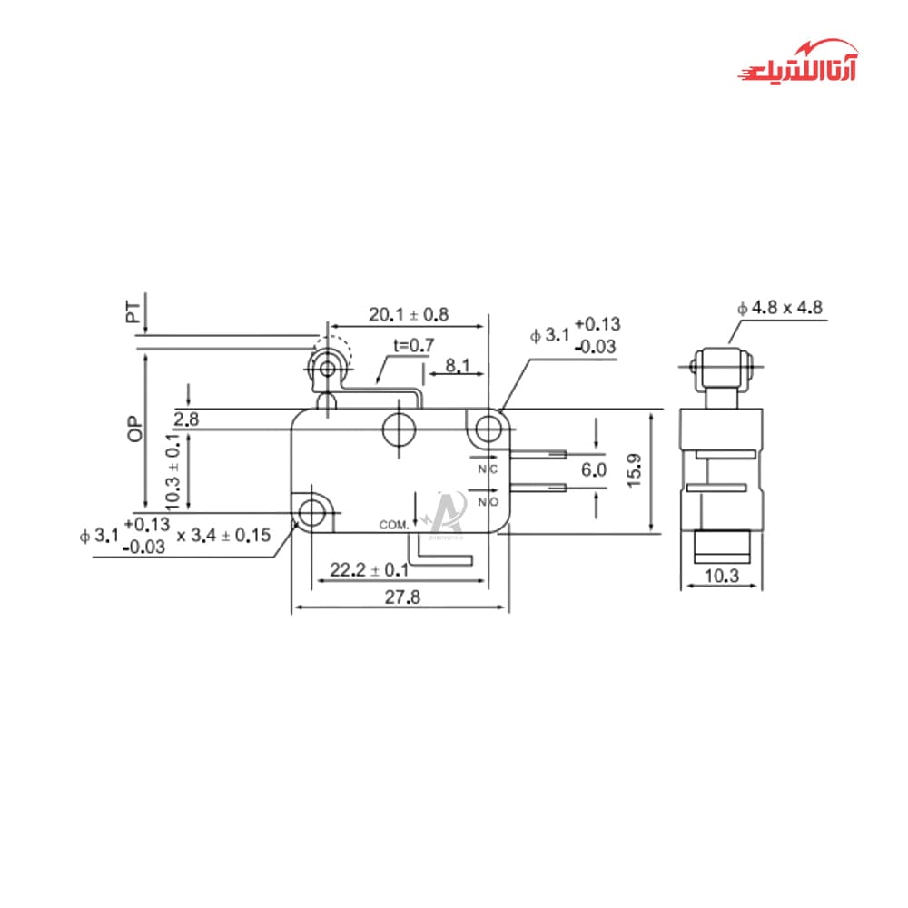 میکروسوئیچ اهرمی کوتاه قرقره دار CNTD مدل CMV104D — تصویر ۲