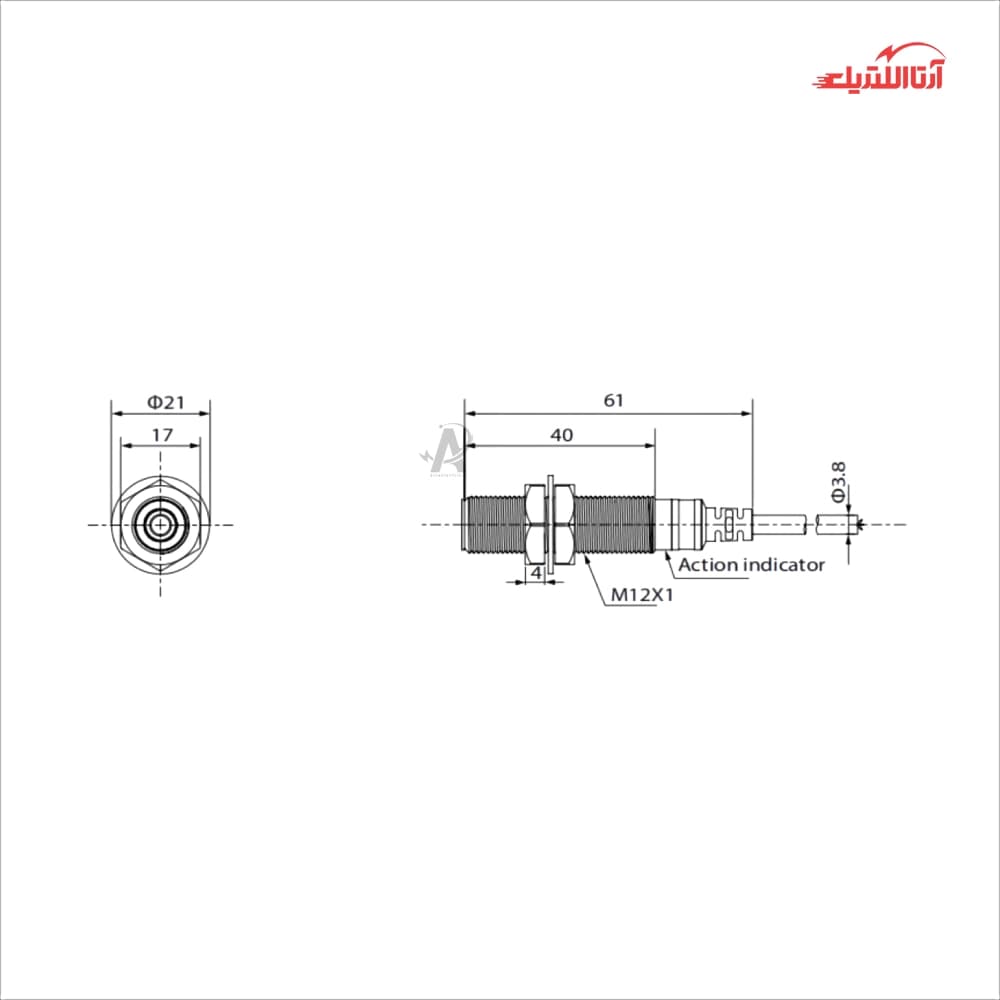 سنسور القایی سر تخت 12mm کابلی3 سیم CNTD مدل CJY12E-02 — تصویر ۳