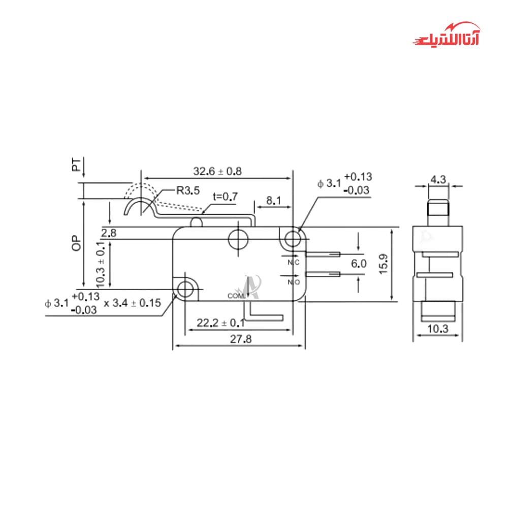 میکروسوئیچ اهرمی با سر منحنی CNTD مدل CMV106D — تصویر ۲