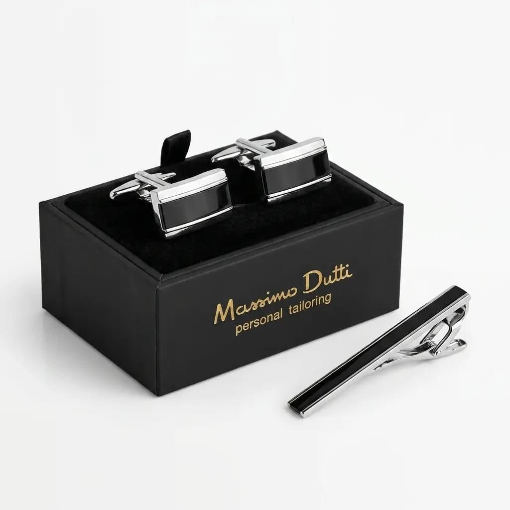 ست دکمه سردست و سنجاق کراوات طرح مستطیل برند Massimo Dutti