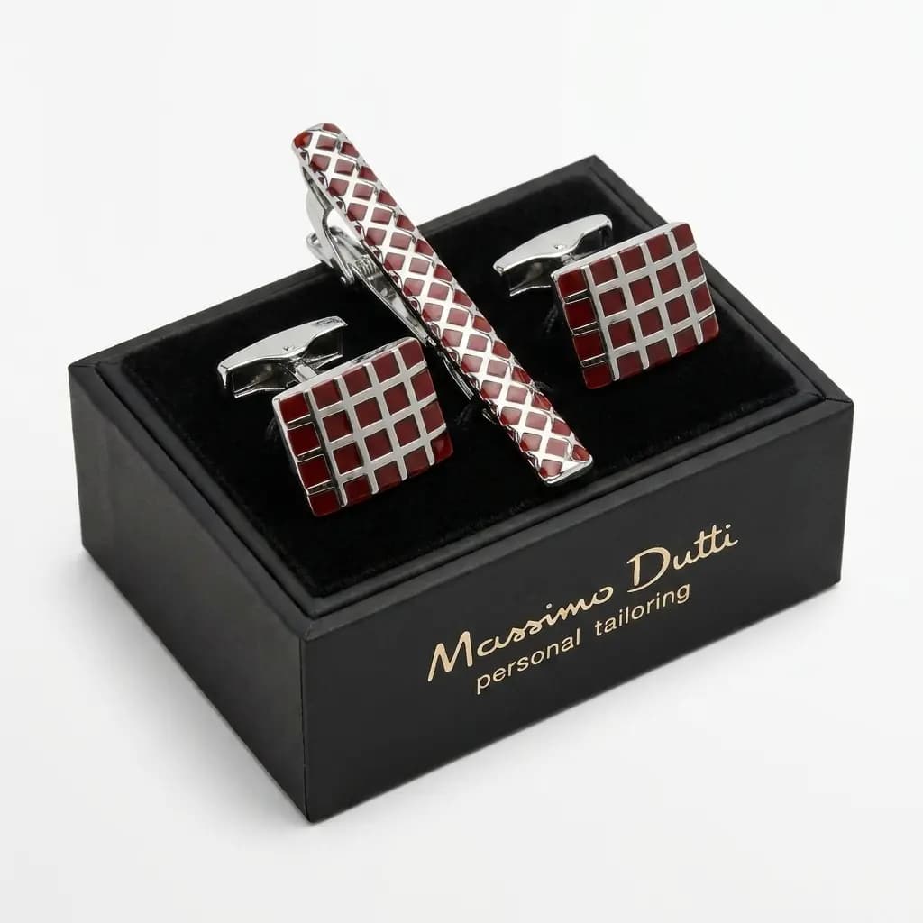 ست دکمه سردست و سنجاق کراوات طرح شطرنجی برند Massimo Dutti