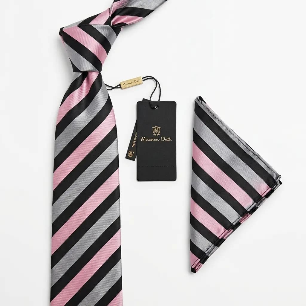 کراوات و پوشت دستدوز طرح خط دار اریب برند Massimo Dutti