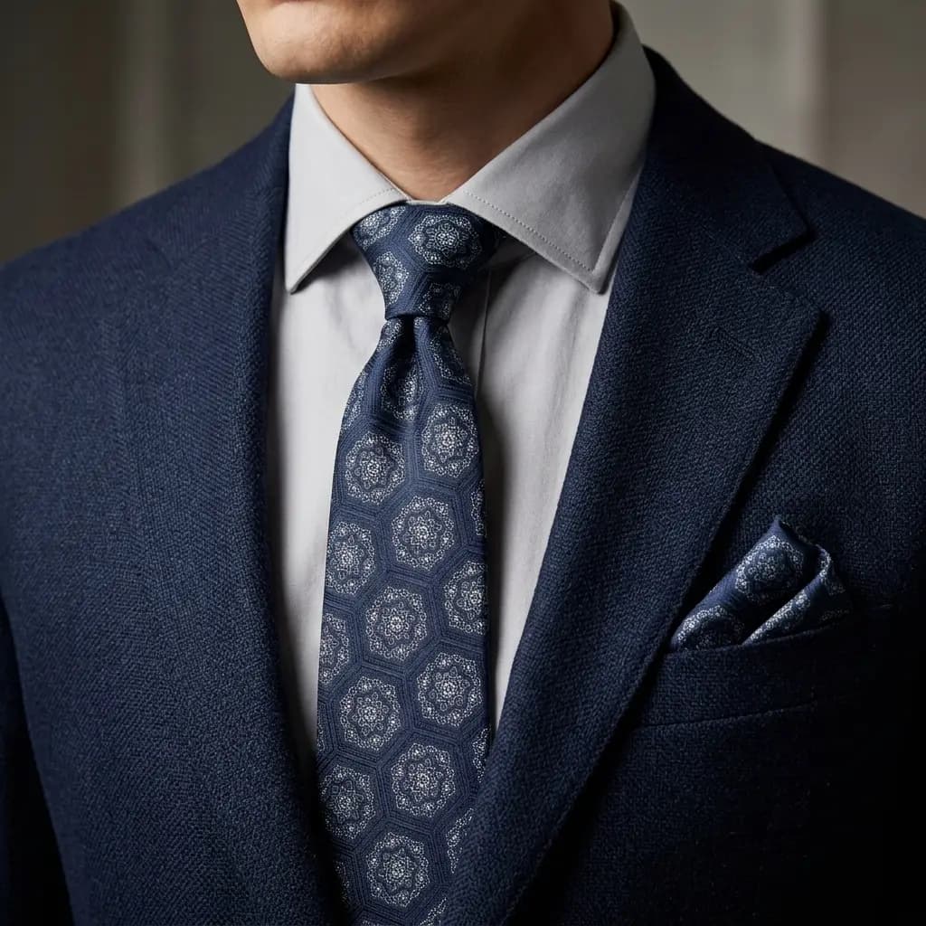 کراوات و پوشت دستدوز طرح 6 ضلعی اسلیمی برند Massimo Dutti — تصویر ۲
