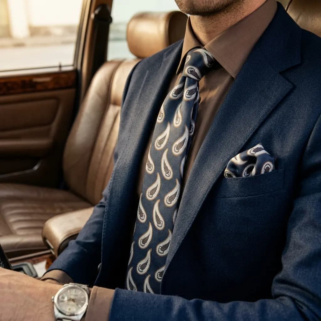 کراوات و پوشت دستدوز طرح جقه هرینگبون برند Massimo Dutti — تصویر ۲
