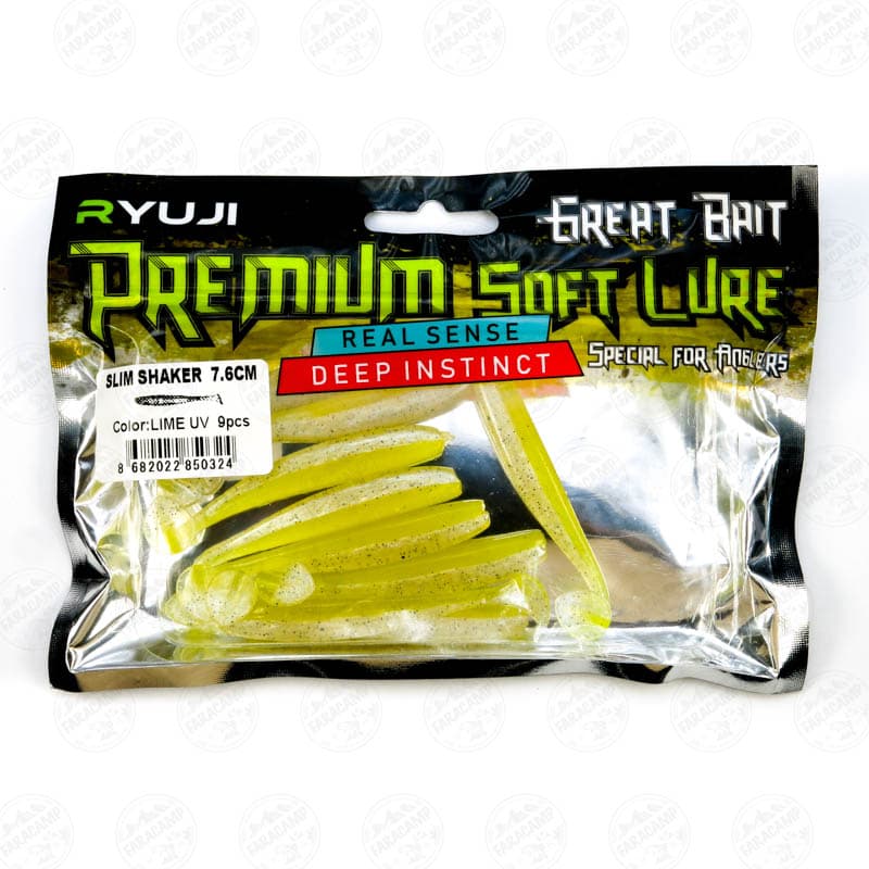 طعمه لور ماهی ژله ای UV ریوجی ۷.۶ سانتی بسته ۱۰ عددی RYUJI SLIM SHAKER LIME UV