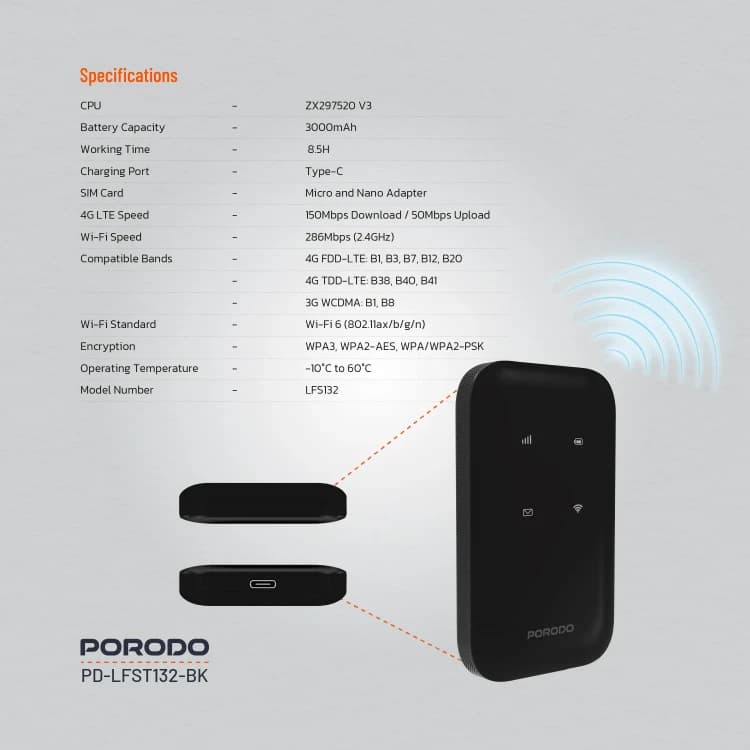 مودم همراه جیبی پرودو PORODO POCKET ROUTER LFS132 — تصویر ۳