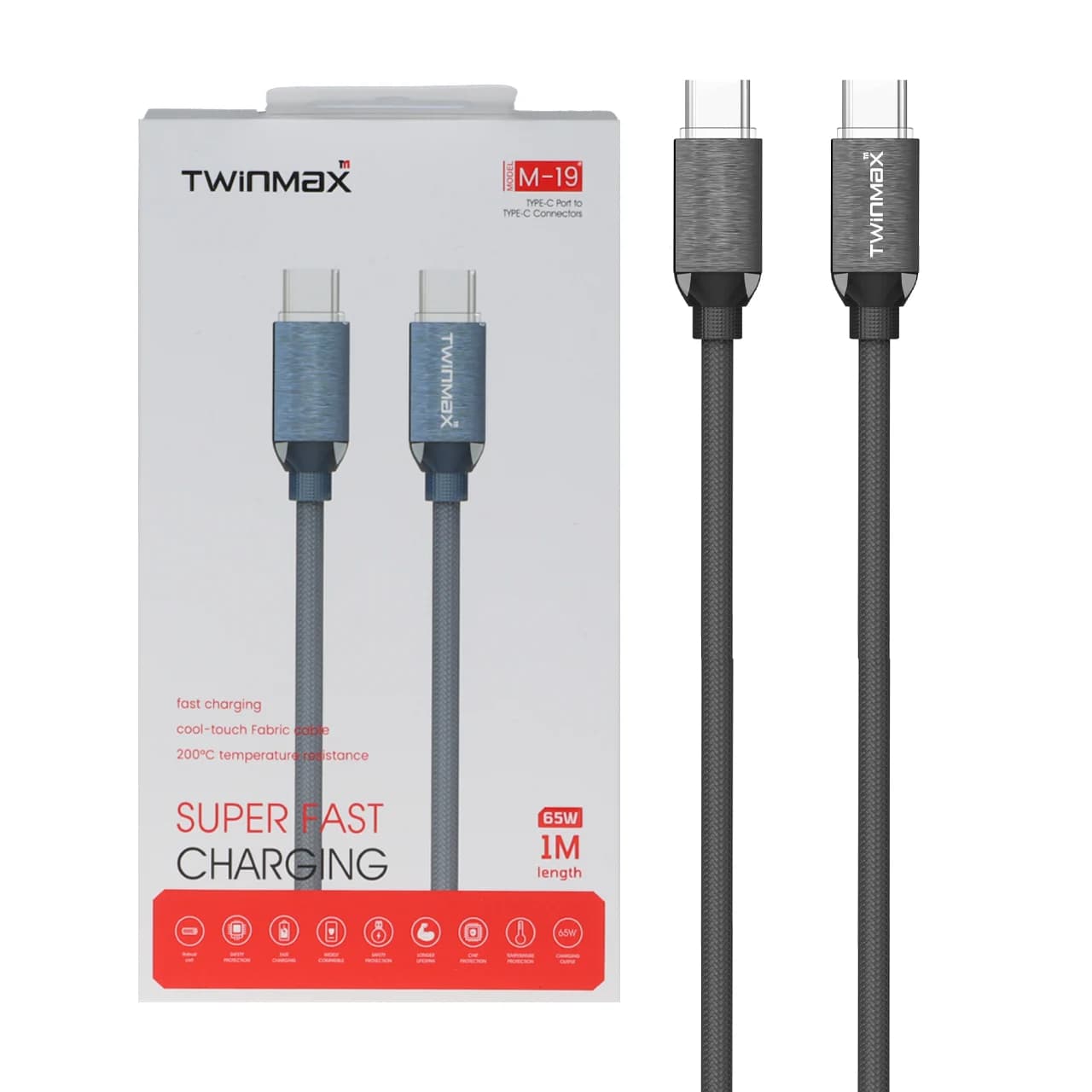 کابل شارژ فست TwinMax Type-C to Type-C مدل M-19 65W – خاکستری – MMX