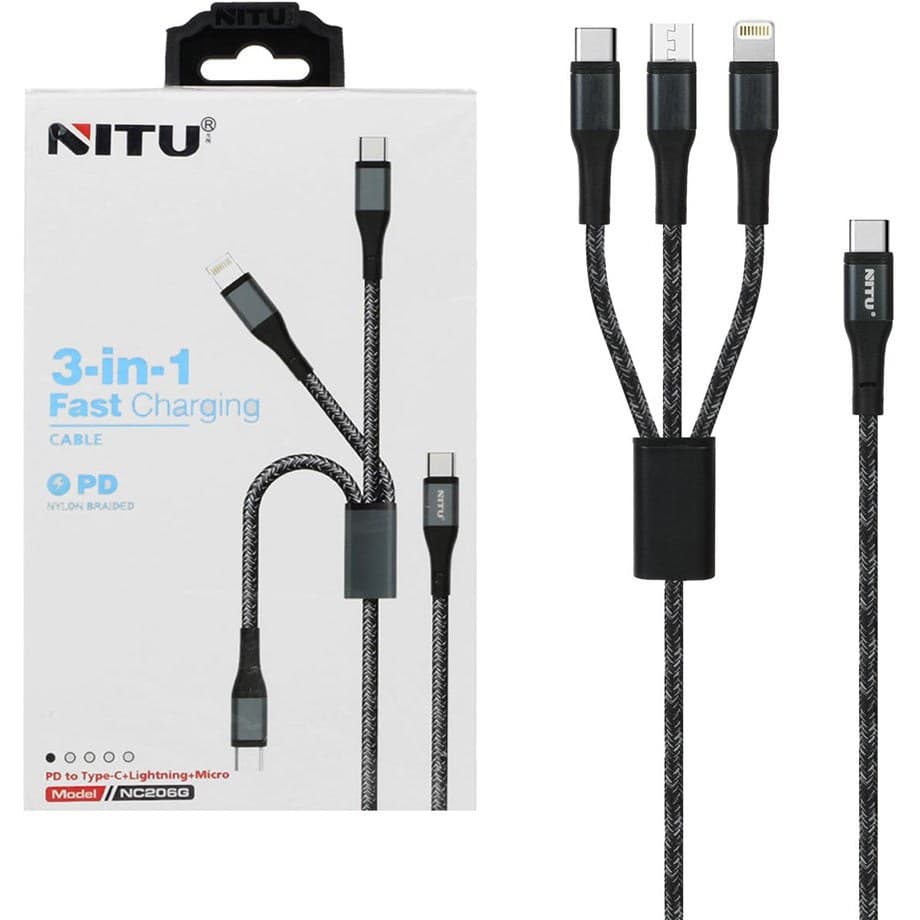 کابل شارژودیتا 1.2متری PD و فست سه کاره Nitu مدل NC206B – مشکی (گارانتی 12 ماه تعویض نیکان همراه) — تصویر ۳