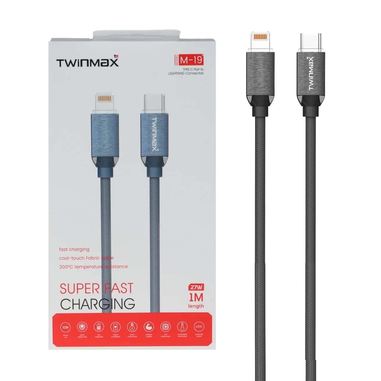 کابل شارژ فست TwinMax Type-C to Lightning مدل M-19 27W – خاکستری- MMX