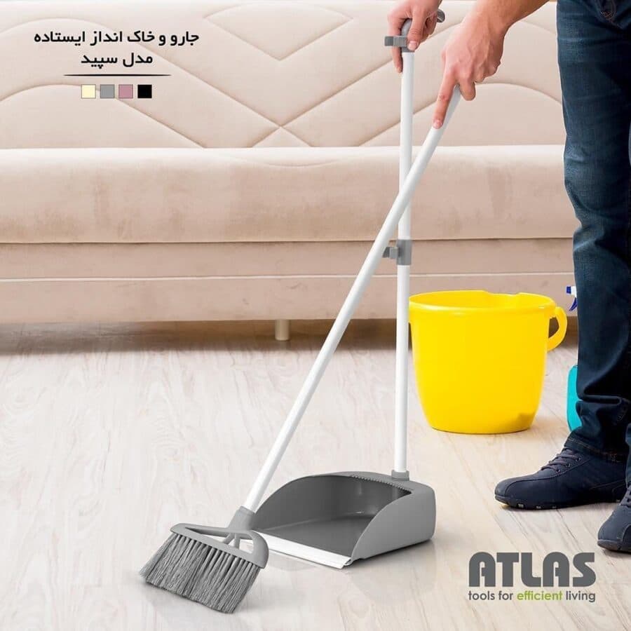 جارو و خاک‌ انداز دسته بلند اطلس رنگ طوسی