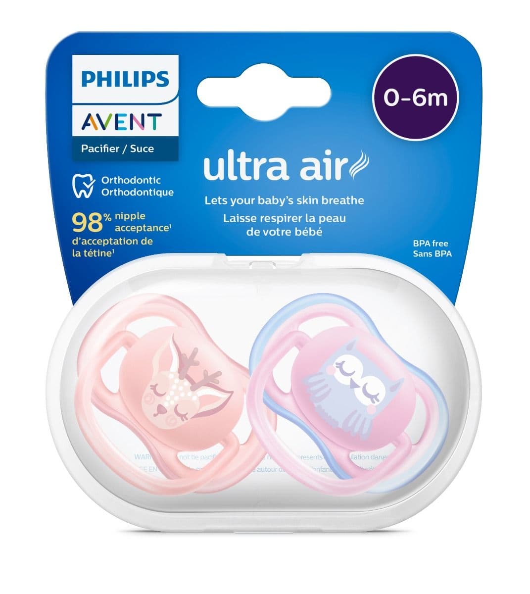 پستانک اونت اولترا ایر 2عددی 0-6 ماه avent ultra air جغد آهو