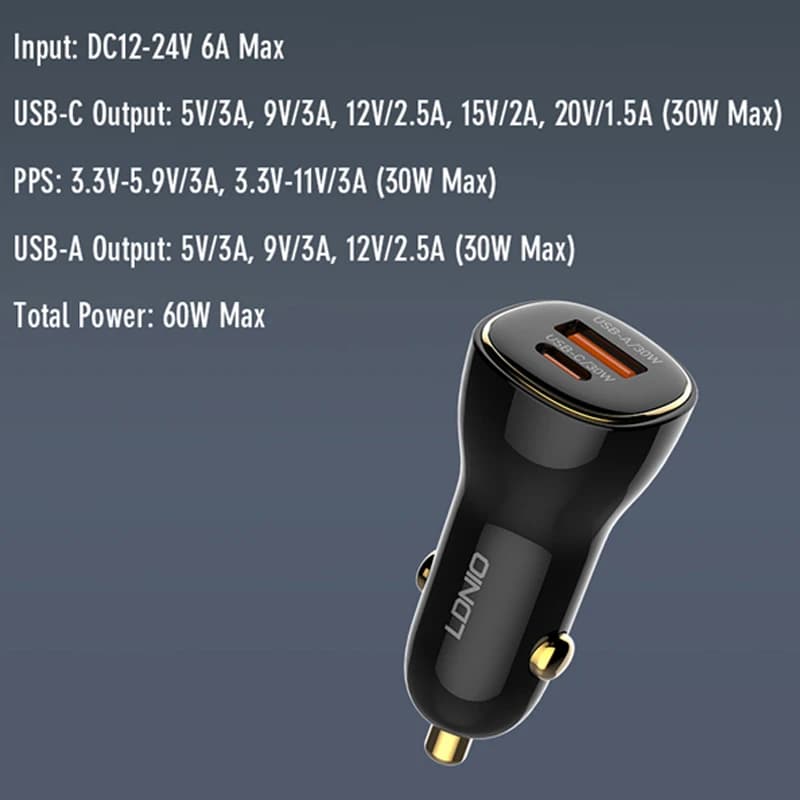 شارژر فندکی 60 وات الدینیو مدل C103 به همراه کابل USB-C — تصویر ۲