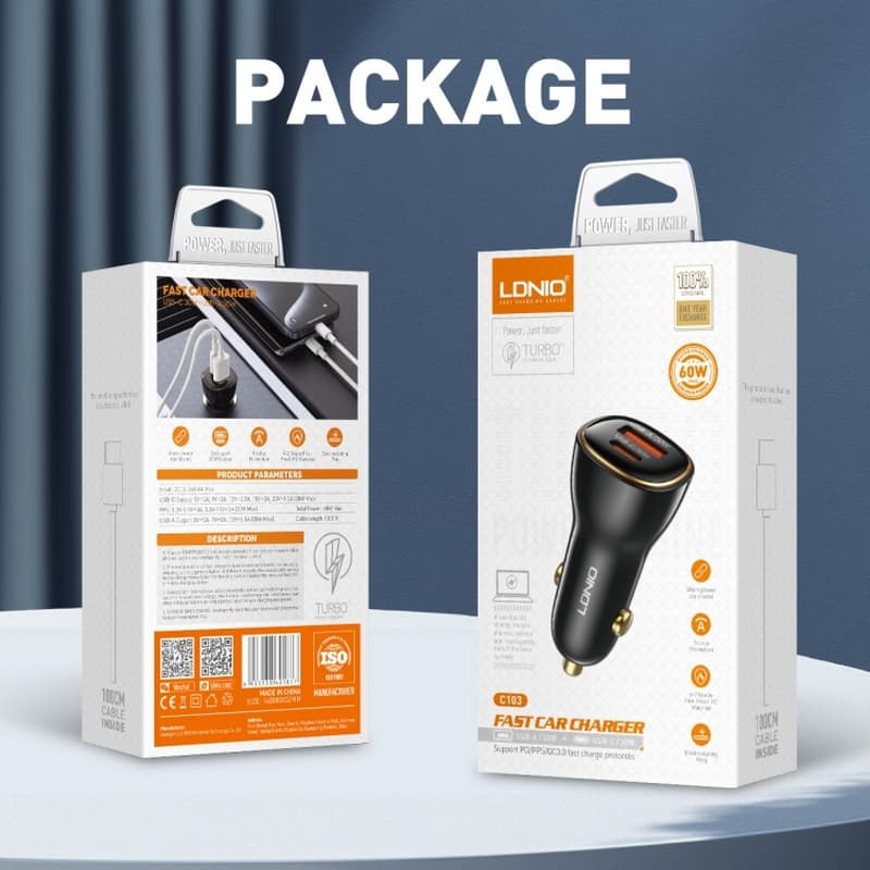 شارژر فندکی 60 وات الدینیو مدل C103 به همراه کابل USB-C — تصویر ۱۰