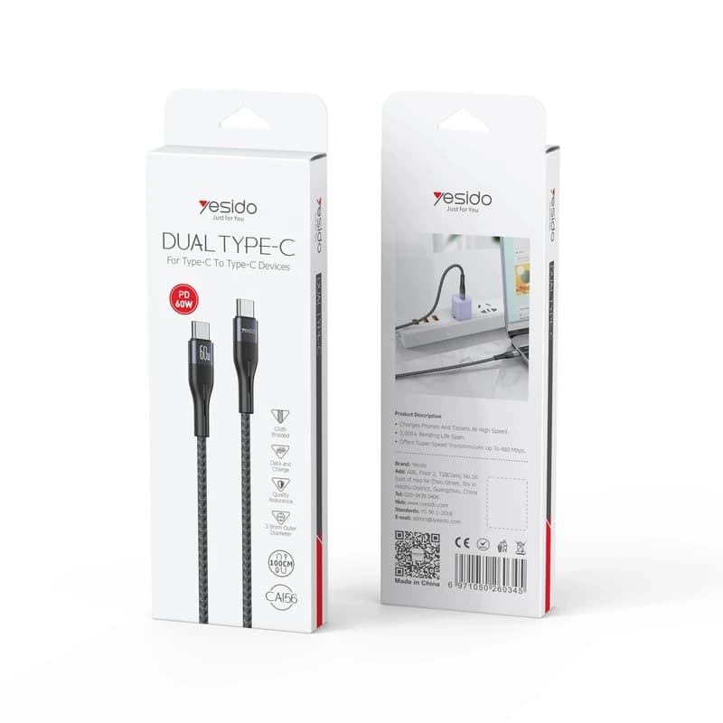 کابل USB-C یسیدو مدل DUAL TYPE-C CA156 60W طول 1 متر — تصویر ۴