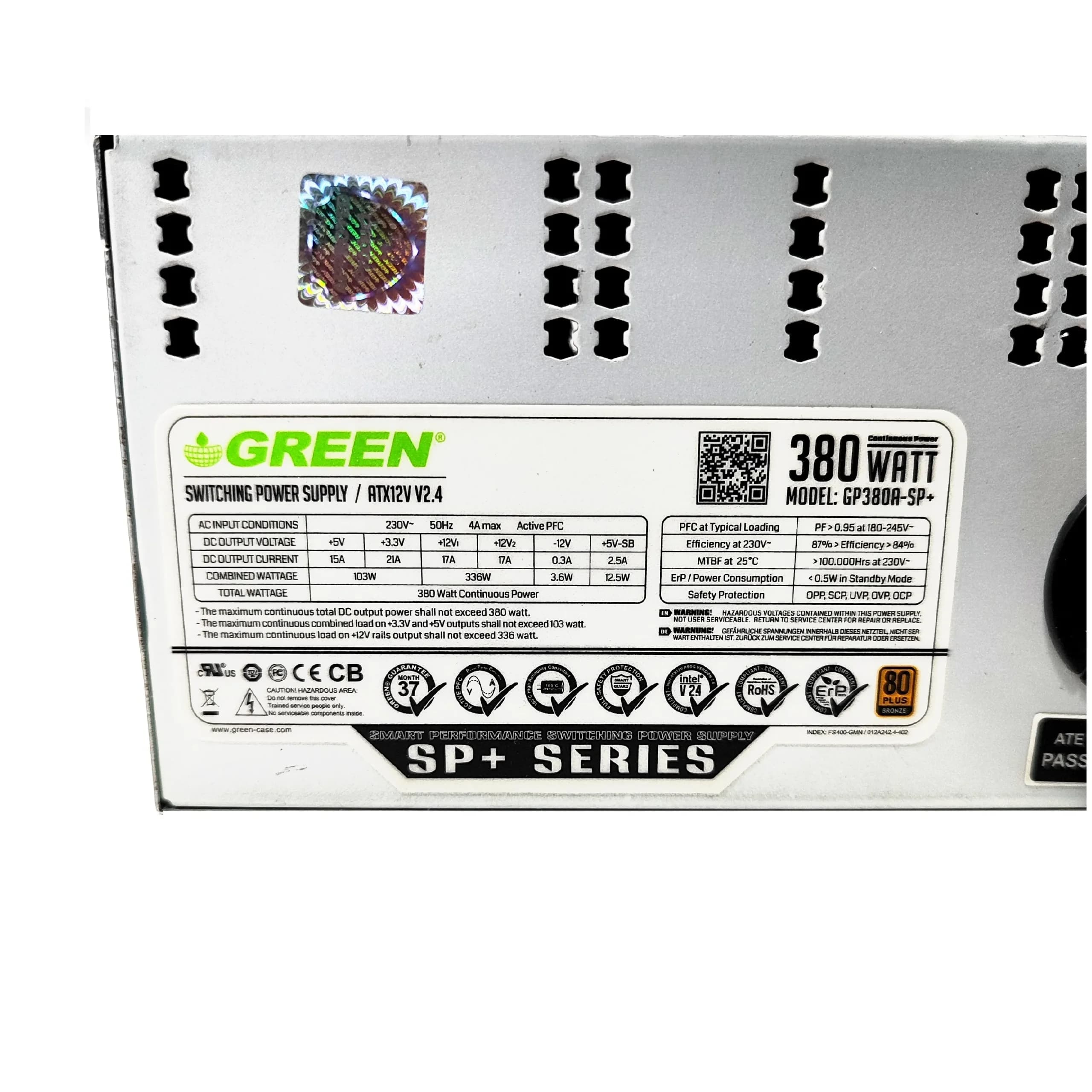 پاور 380w گرین مدل +80Plus-GP380A-SP غیر ماژولار (استوک) — تصویر ۳
