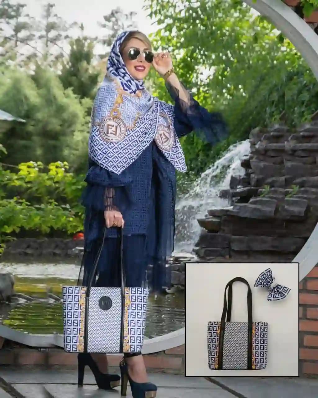 ست مادر و دختری کیف و روسری و هدبند طرح فندی سورمه ای