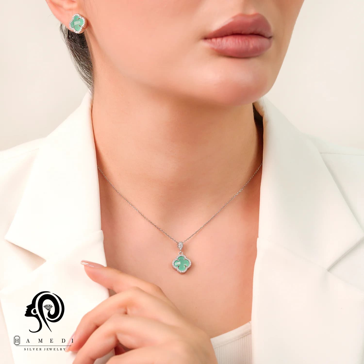 نیم ست ونکلیف نقره زنانه سبز دریایی مدل NI R97 T — تصویر ۲