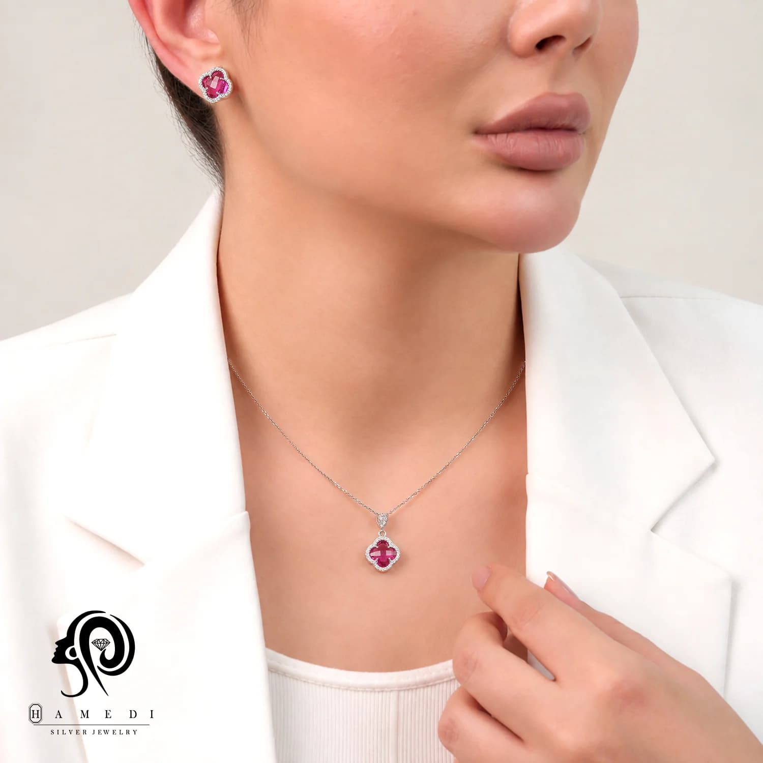 نیم ست ونکلیف نقره زنانه بنفش مدل NI R96 H — تصویر ۲
