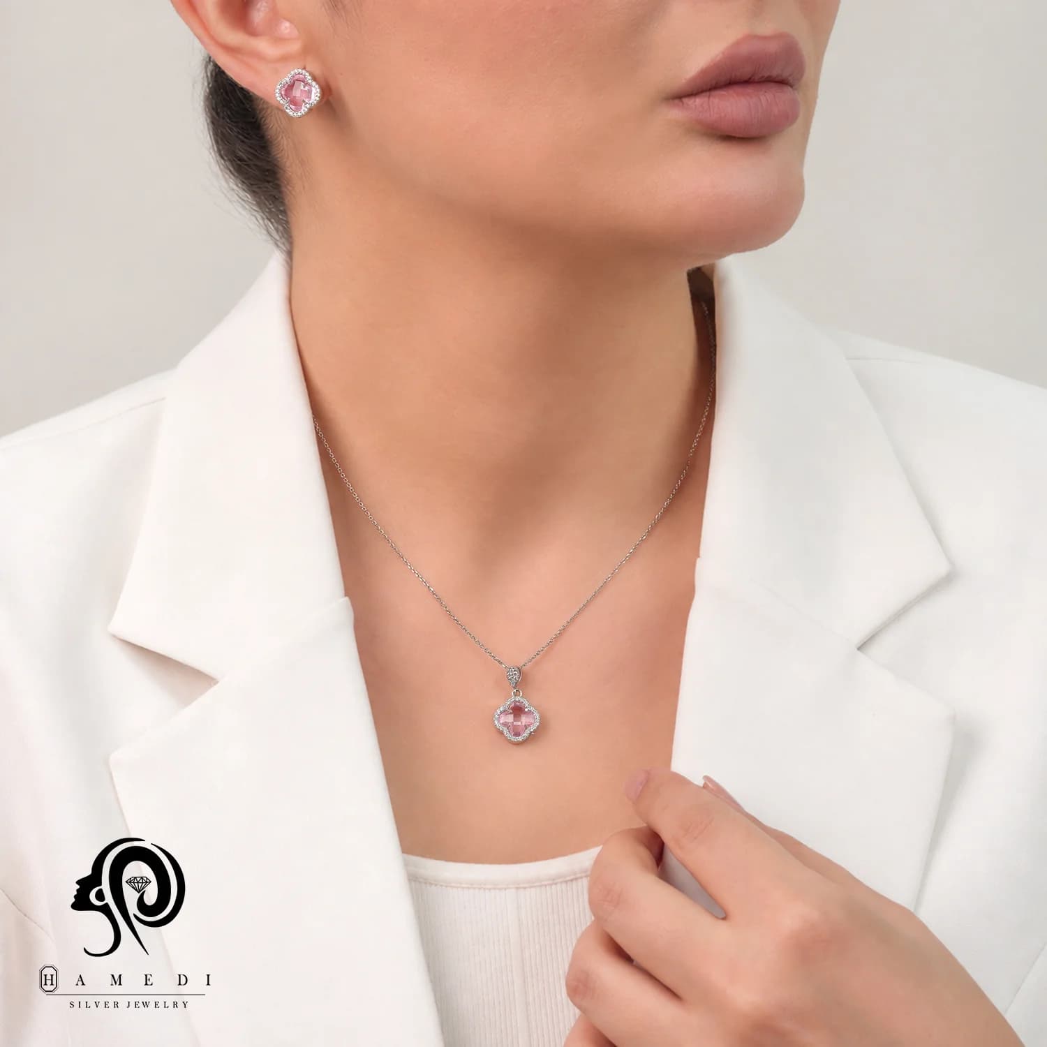 نیم ست ونکلیف نقره زنانه صورتی مدل NI R96 P — تصویر ۲