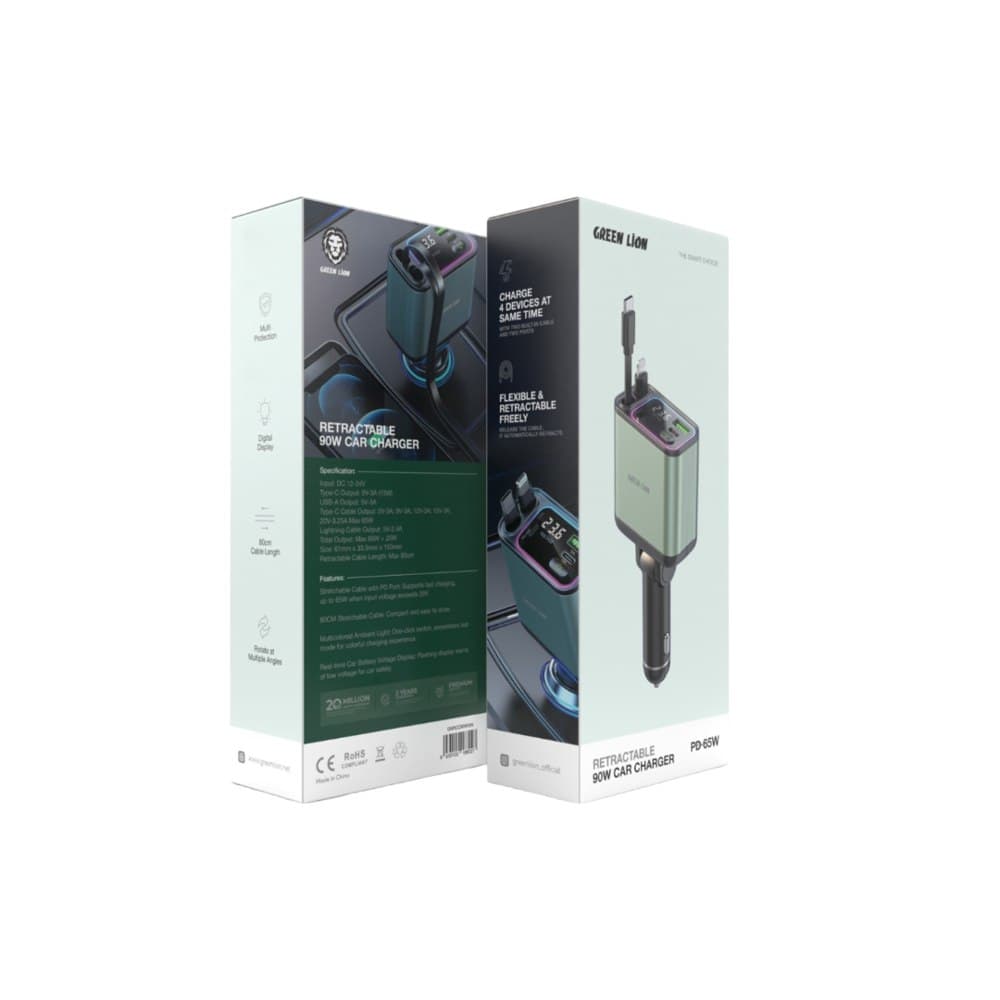 شارژر ماشین جمع شونده 90 واتی گرین Green Retractable 90W Car Charger (فروش عمده و تک)