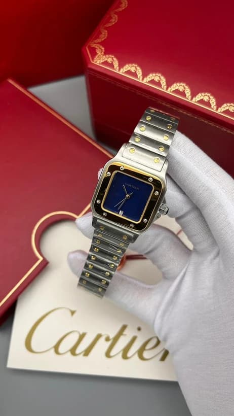 ساعت مچی کارتیه سانتوس | Cartier Santos | طلایی-نقره ای صفحه آبی های کپی