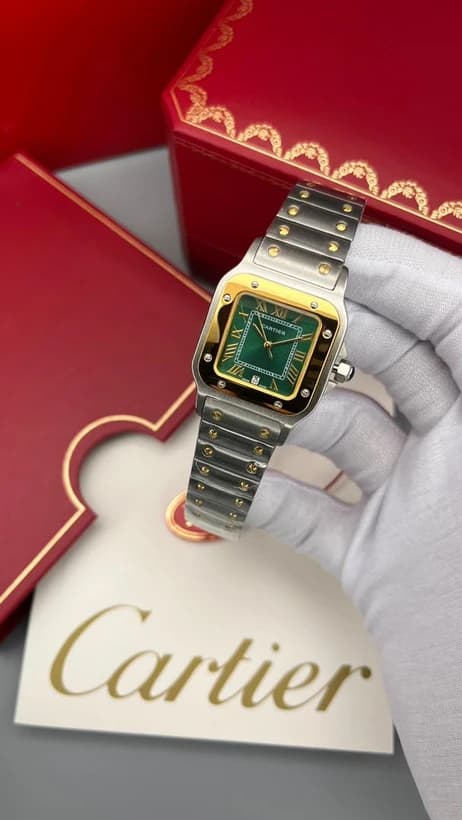 ساعت مچی کارتیه سانتوس | Cartier Santos | طلایی-نقره ای صفحه سبز کوارتز