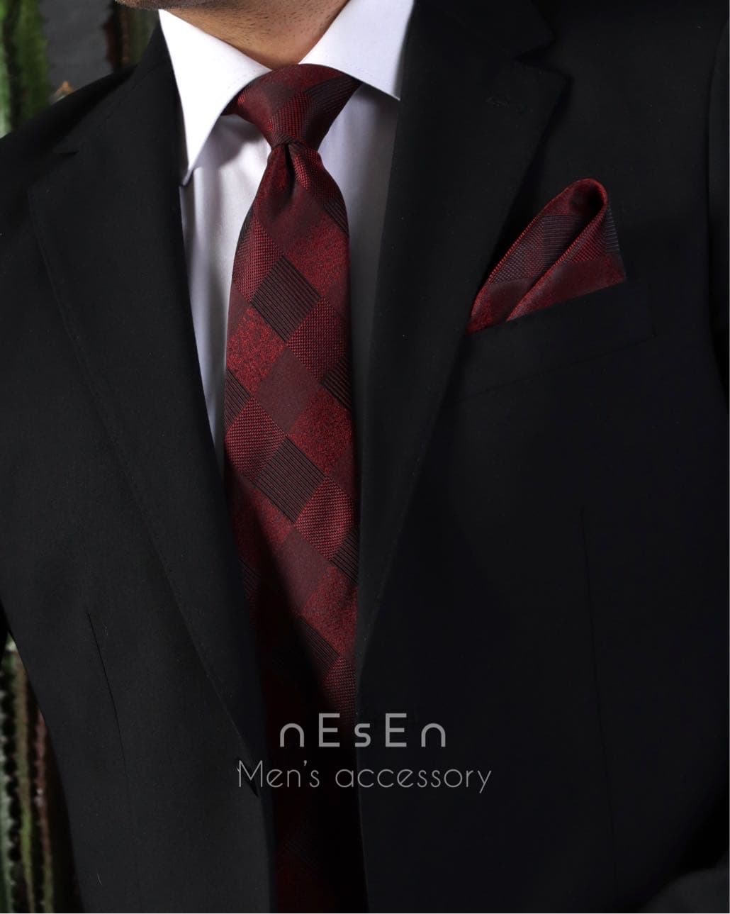 ست کراوات و پوشت مردانه NESEN – طرح چهارخانه قرمز T108