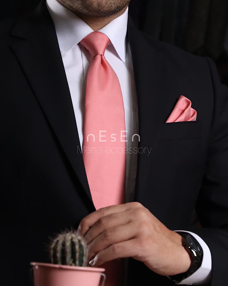 کراوات و دستمال جیب مردانه NESEN | صورتی ساده (جودون) S52