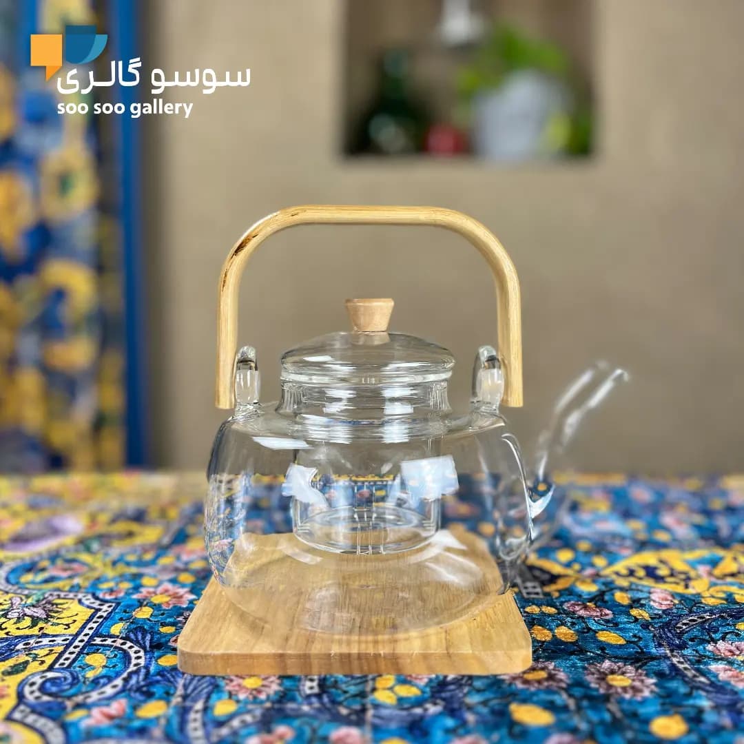 قوری پیرکس دسته بامبو چوبی