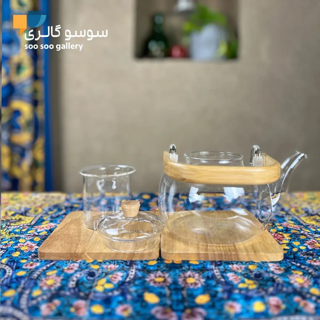 قوری پیرکس دسته بامبو چوبی — تصویر ۲
