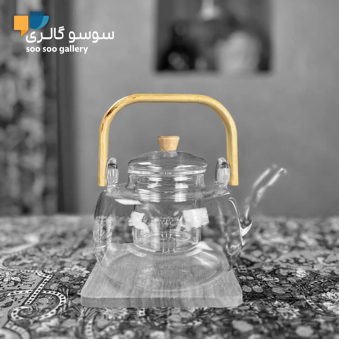 قوری پیرکس دسته بامبو چوبی — تصویر ۳